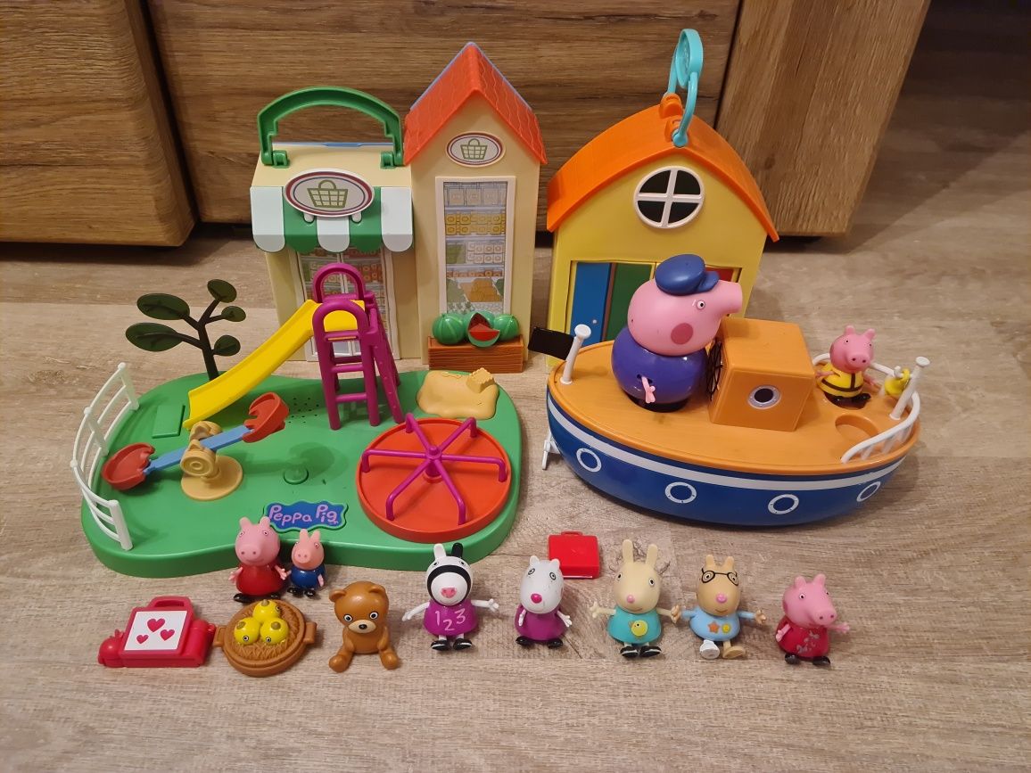 Duży zestaw Świnki peppy łódka, sklep, basen, plac zabaw, figurki