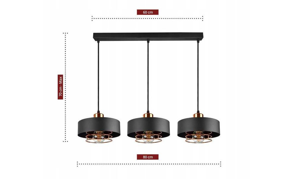 Piękna nowoczesna LAMPA WISZĄCA na 3 żarówki CZARNA+MIEDŹ Nowa