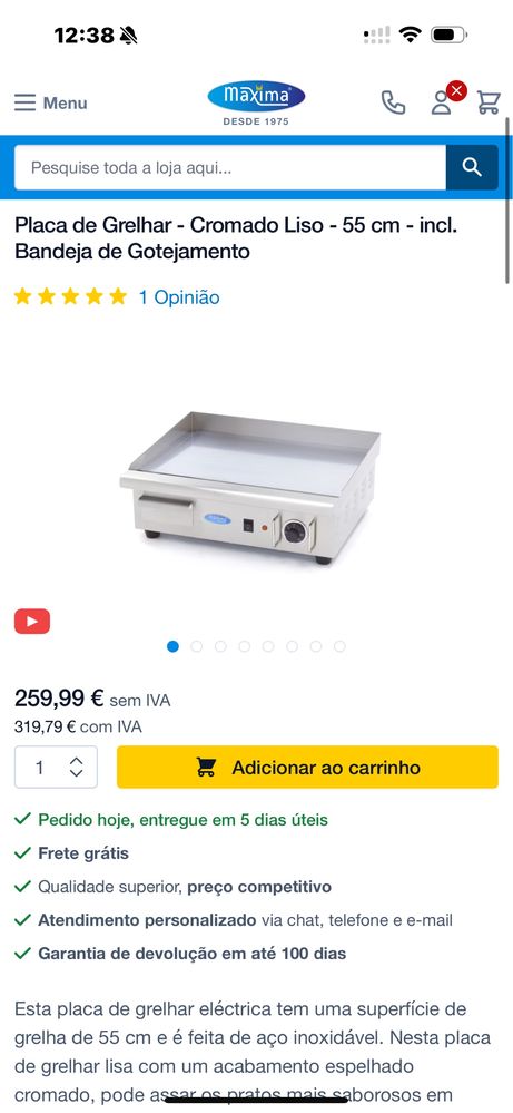 Placa de Grelhar - Cromado Liso - 55 cm 3000w