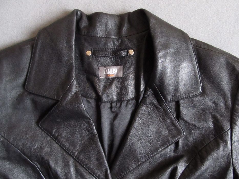 172 cm M 38-40 skóra taliowany czarny damski płaszcz skórzany jak nowy