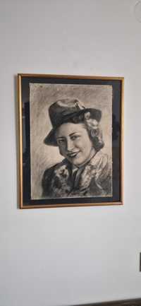 Przedwojenny aukcyjny rysunek portret weglem autorstwa Karola Frycza