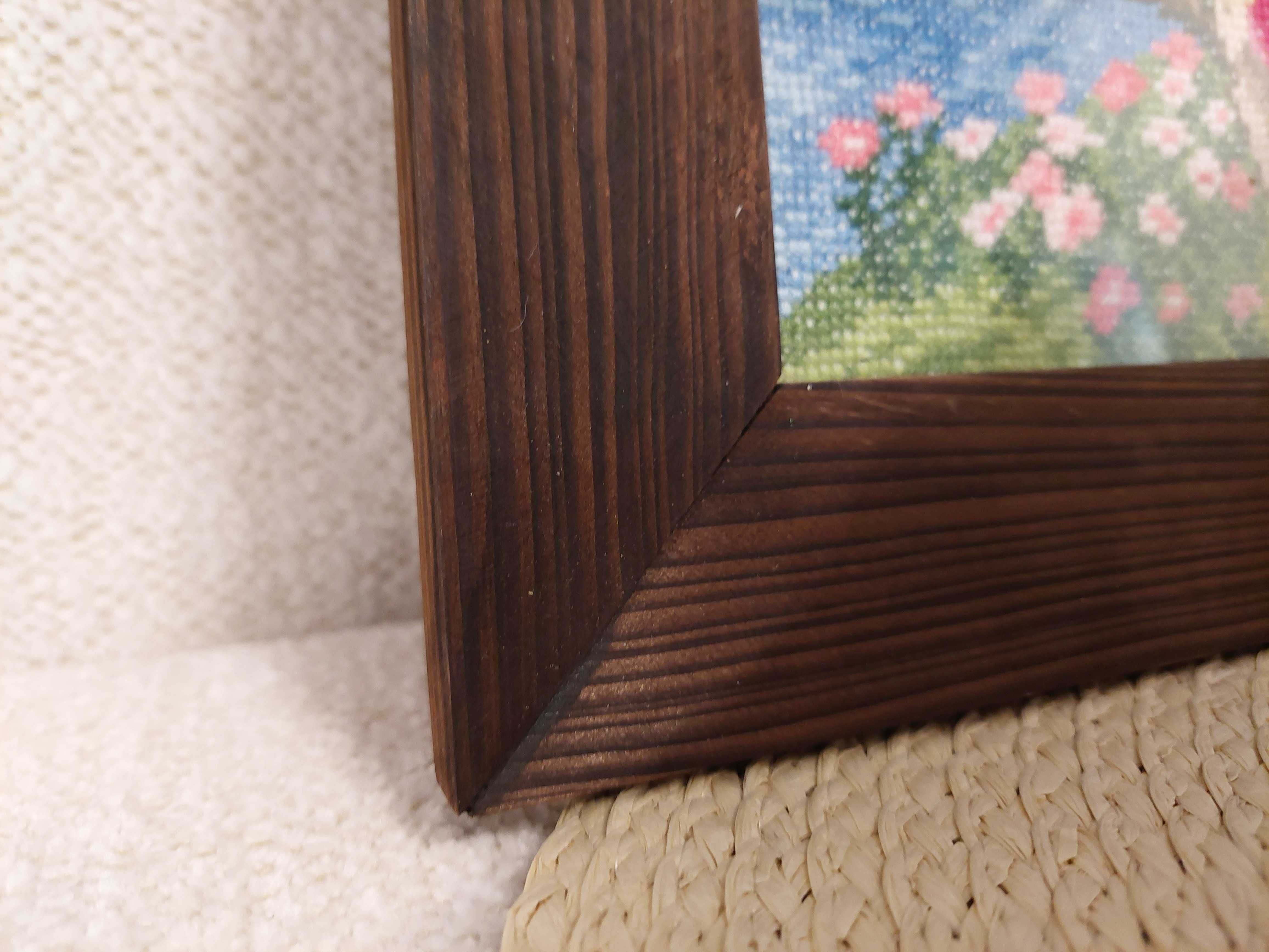 Obraz z ramą drewnianą haft handmade sielski domek