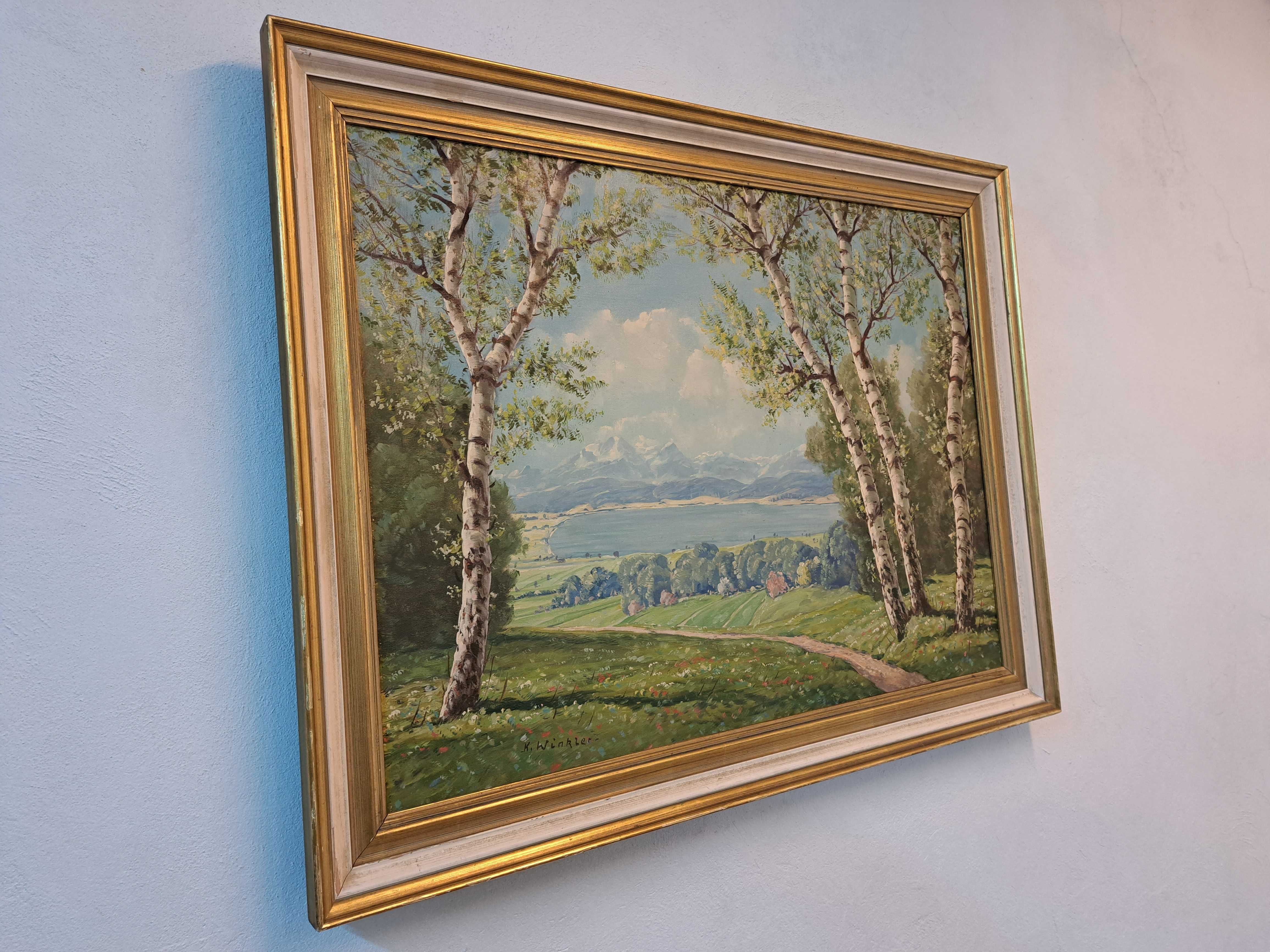 Stary obraz olejny na płótnie K. Winkler pejzaż brzozy jezioro rama
