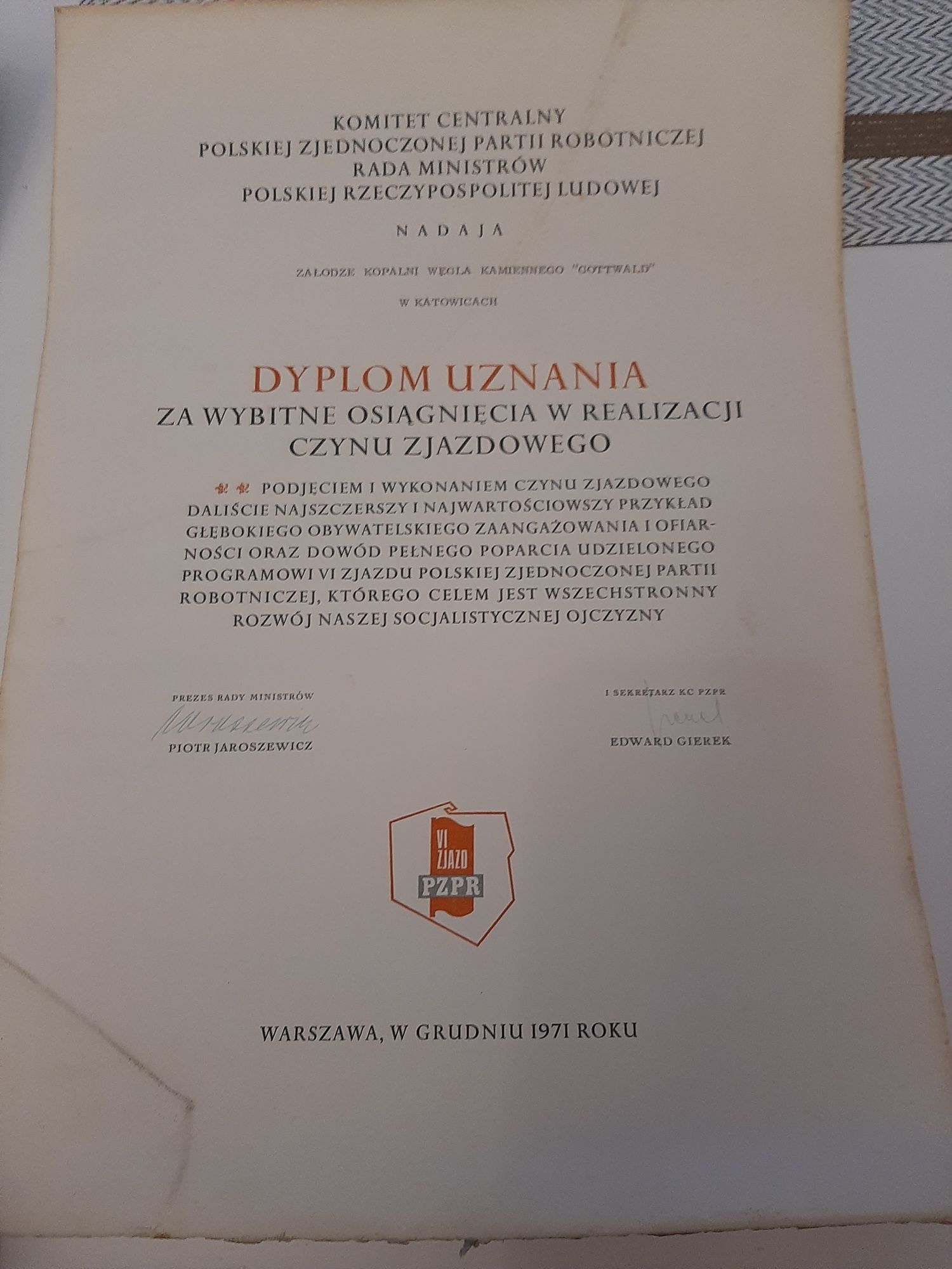 Dyplom uznania PRL z podpisem Gierka