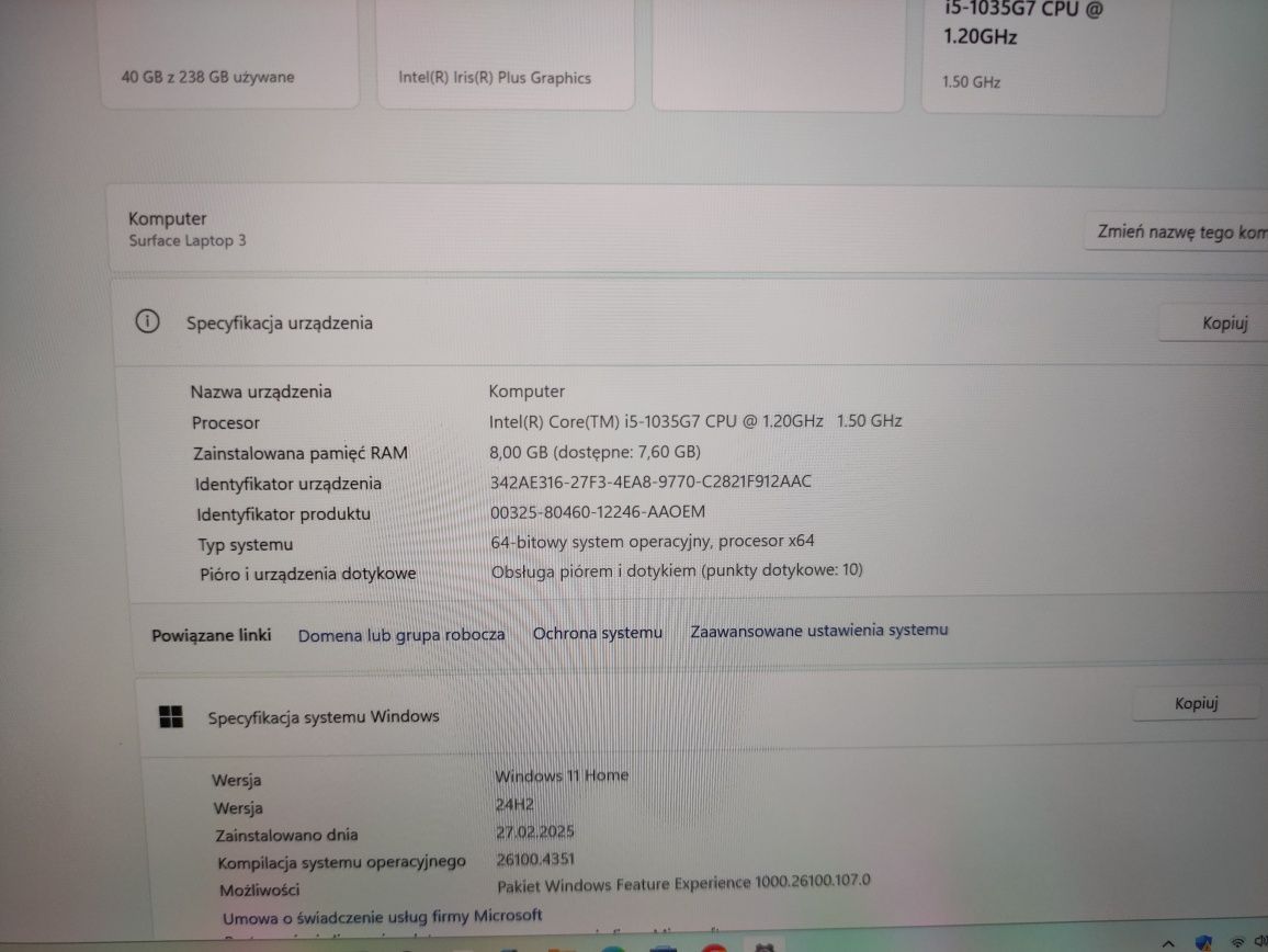 Dotykowy Microsoft Surface Laptop 3 i5-1035G7/8GB/IRIS PLUS 2,3K gwar.