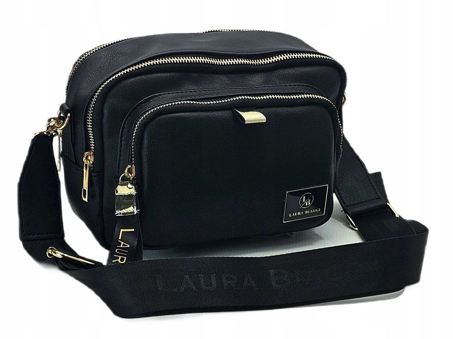 Trzykomorowa torebka listonoszka Laura Biaggi czarna skórzana logo