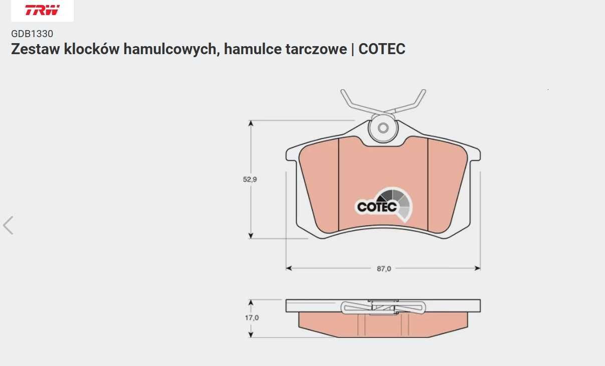 Zestaw klocków hamulcowych, hamulce tarczowe GDB1330