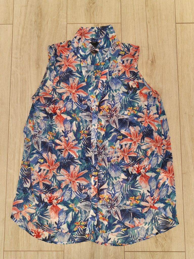 Kolorowa bluzka w kwiaty, z kołnierzykiem, na guziki, H&M, rozm. 34/XS