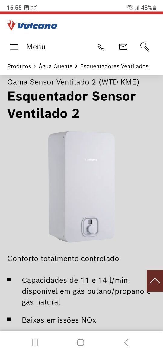 Esquentador ventilado vulcano novo em caixa para gás natural