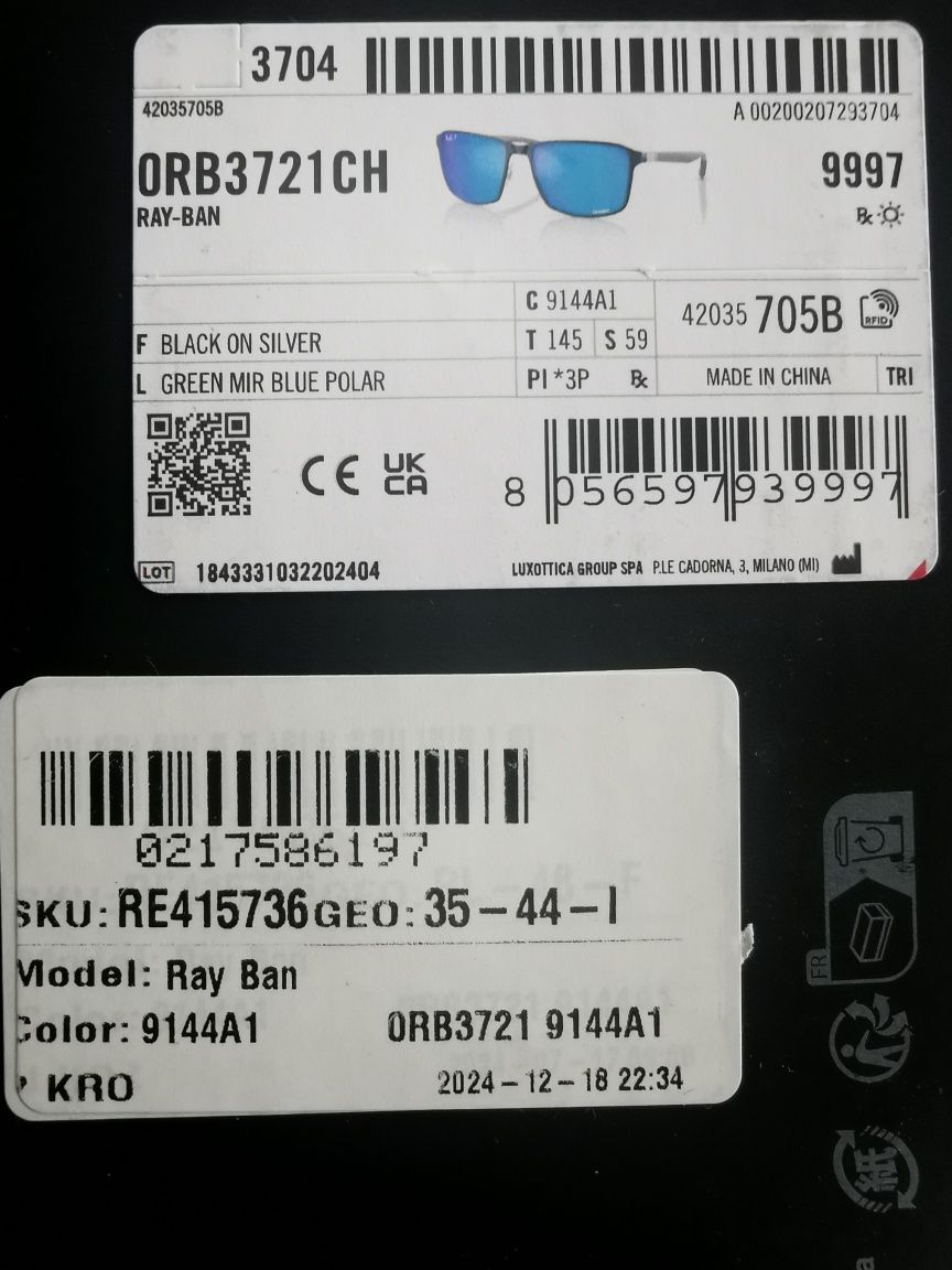 Ray-Ban szkła do okularów przeciwsłonecznych Rb 3721CH 9144A1  -nowe