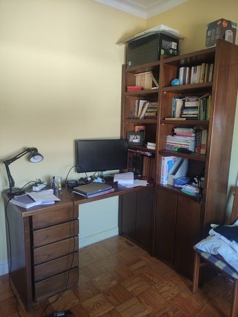 Secretária + estante + módulo gavetas (madeira)
