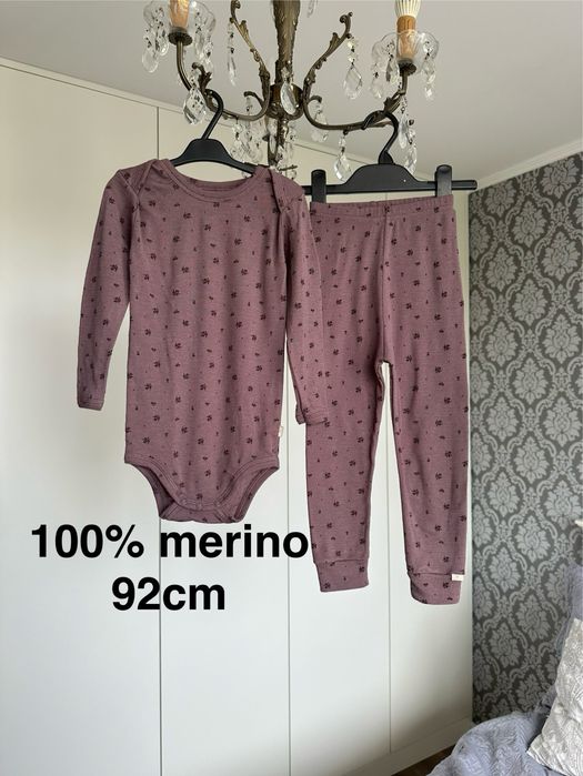 Komplet wełniany merino w kwiatki spodnie body merino 92 cm