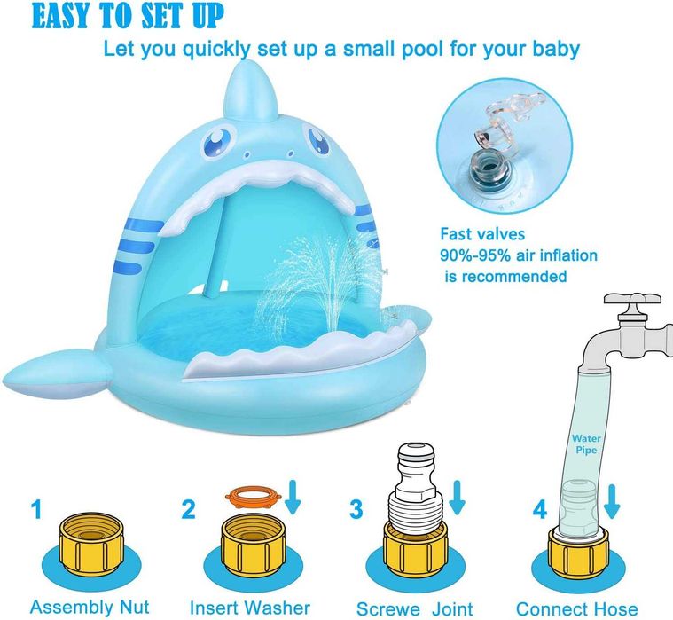 Piscina insuflável para bebés, de tubarão com toldo e pulverizador