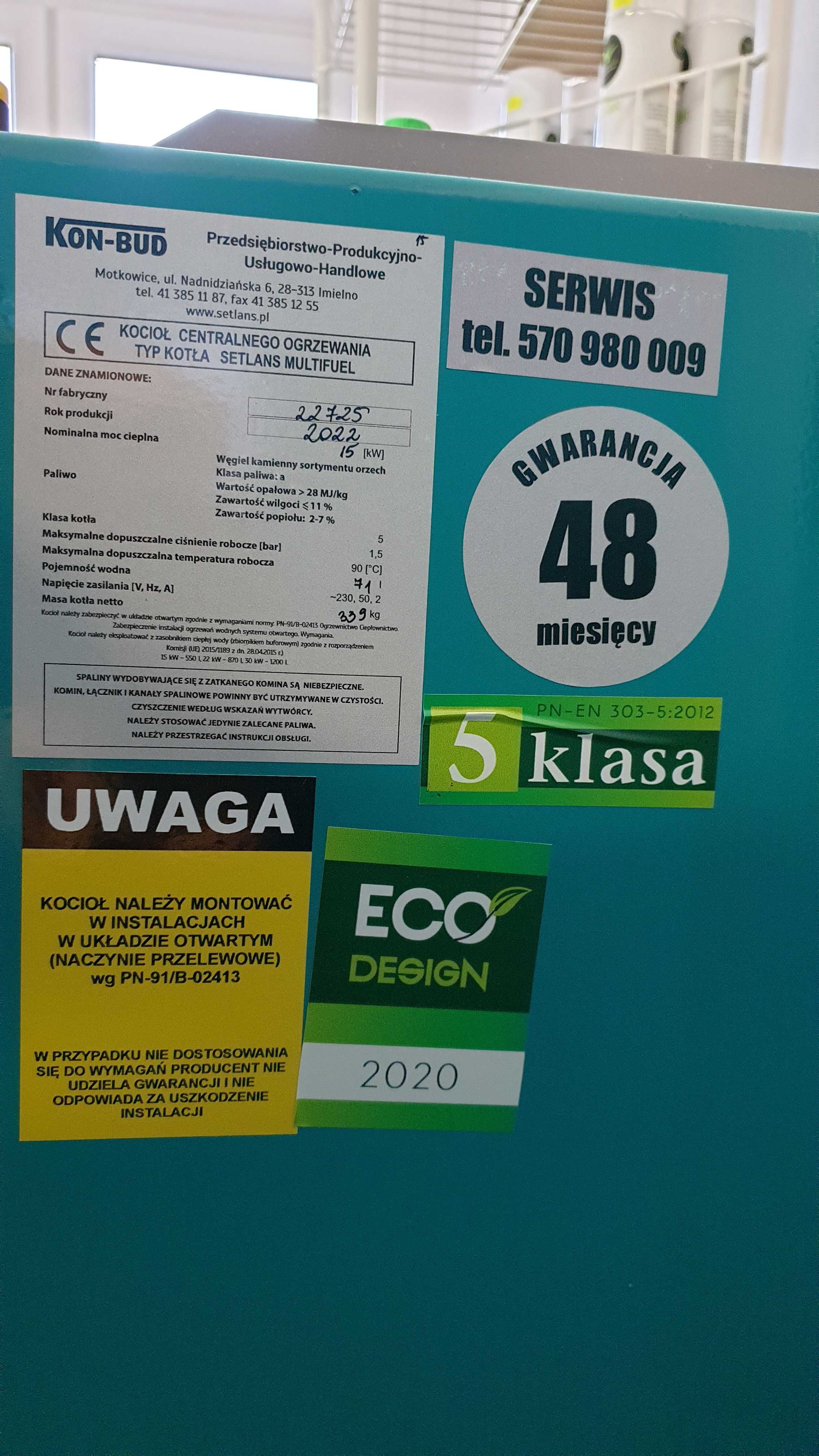 Kocioł zasypowy Setlans Multifuel 15kW - klasa 5 ekodesign - WYPRZEDAŻ