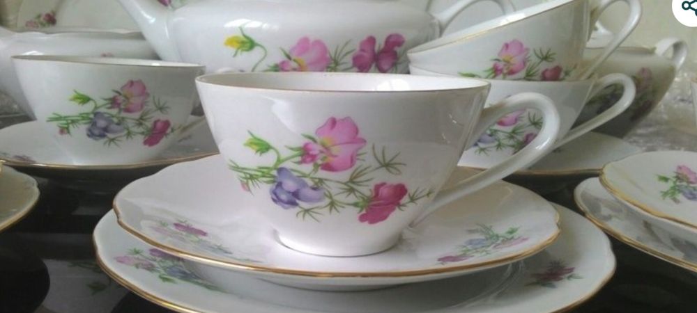 Новый антикварный чешский сервиз на 6 персон, костяной фарфор, деколь