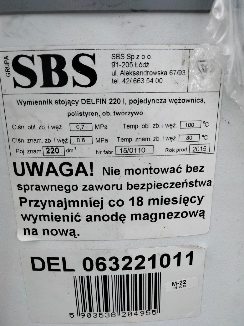 Zbiornik cwu 220 l, przewód do kolektora słonecznego