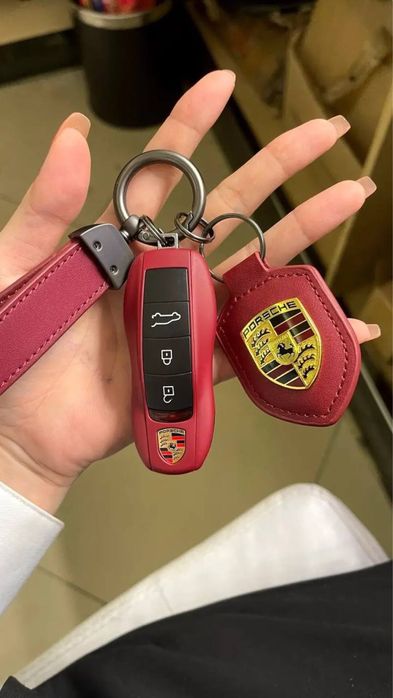Брендовый чехол для ключей Porsche, бордовый кожаный брелок