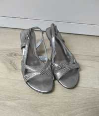 Sandały damskie eleganckie 36 srebrne szare paski na obcasie