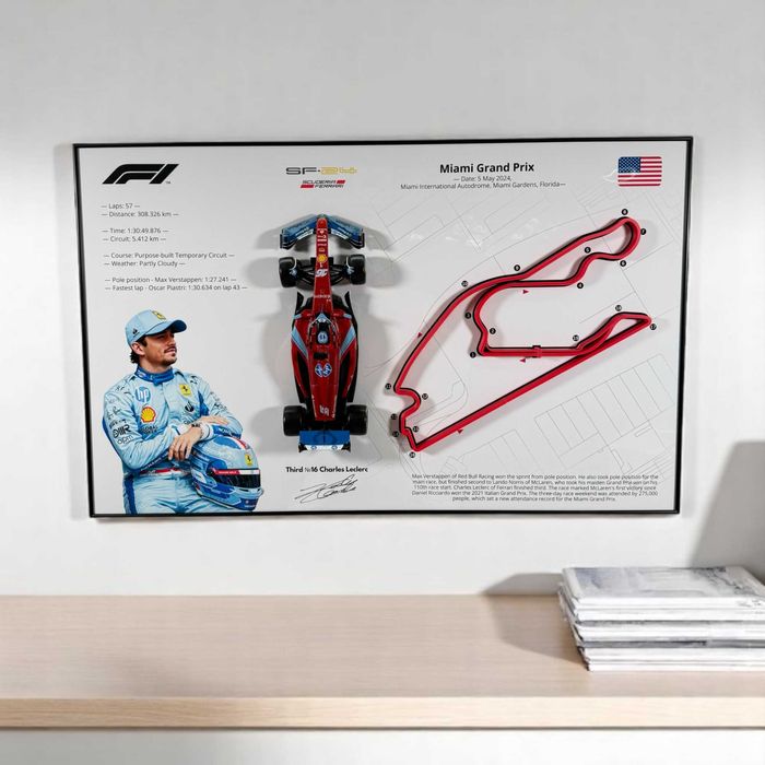 Рамка 80х50см + Bburago F1 SF-24 1:18 3D Miami GP №16 Charles Leclerc