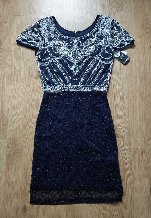 Nowa Boohoo Evelyn 6 XS 34 sukienka granat cekiny koraliki świeci