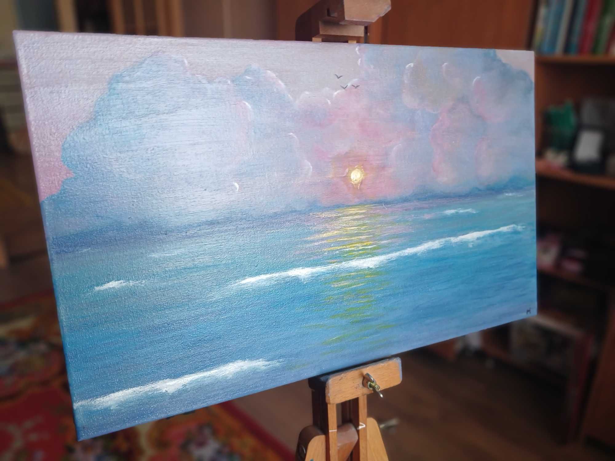 Авторська картина акрилом "Пурпуровий ранок". Морський пейзаж.