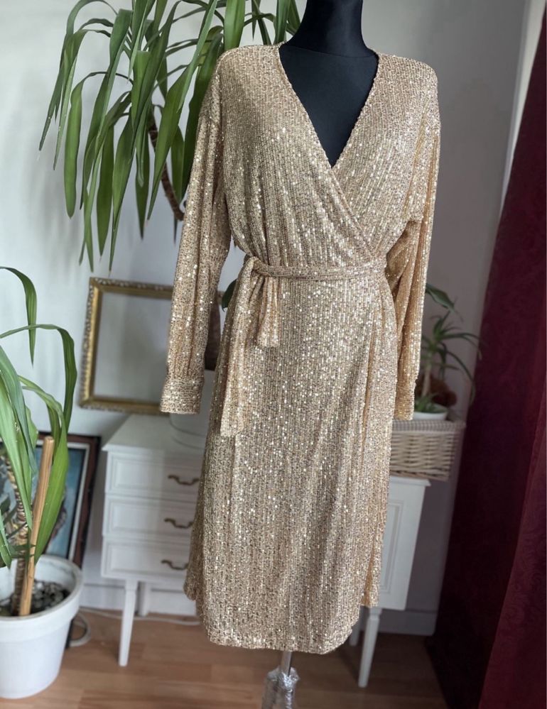 Boohoo kopertowa cekinowa sukienka midi 40 L 42 xl 44 xxl