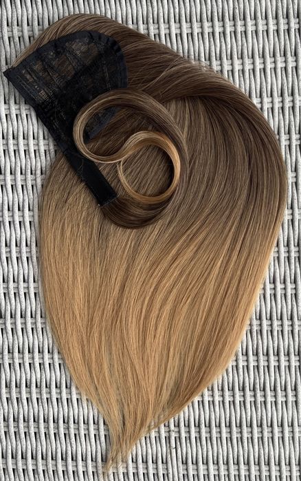 Premium Ultra włosy doczepiane, szatyn / blond / ombre, kucyk