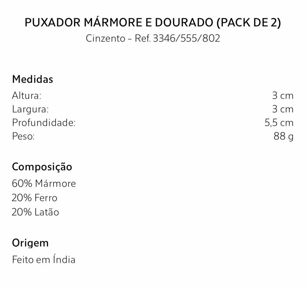 Puxador Mármore E Dourado [PACK DE 2] Zara Home NOVO