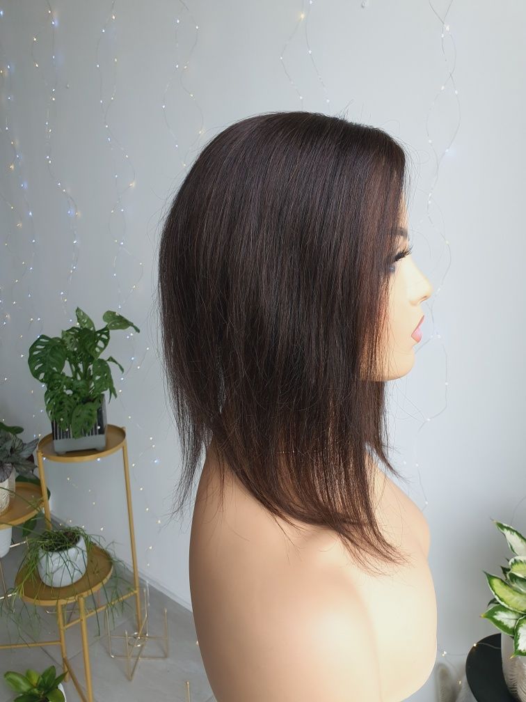 Lekki tupet topper z włosów naturalnych ciemny 40 cm brąz Anna