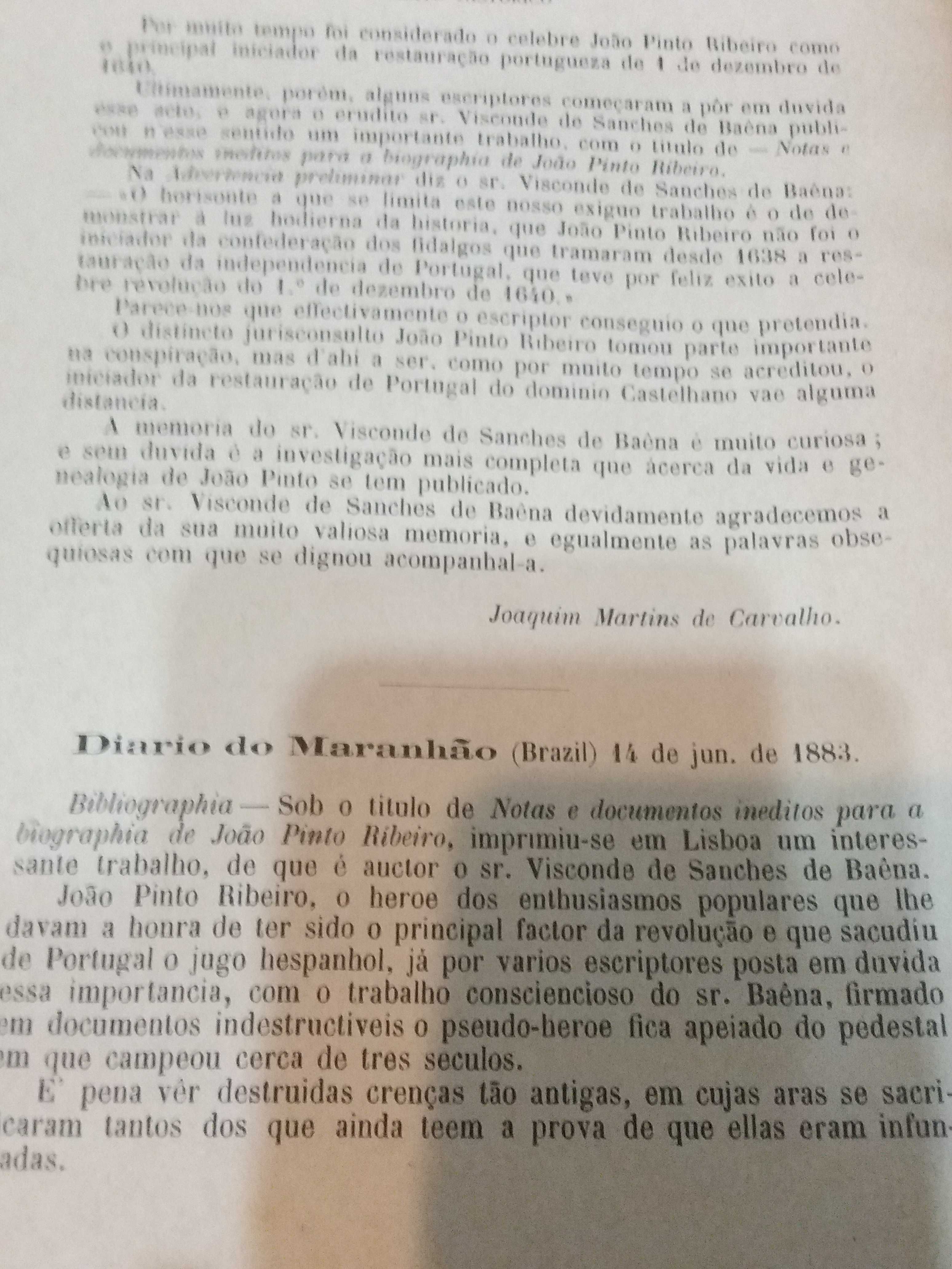 Pleito Histórico entre João Sanches Baena e João Pinto Ribeiro.