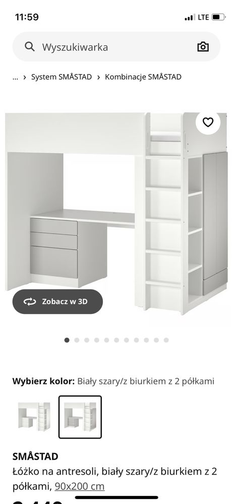 Łózko na antresoli SMASTAD