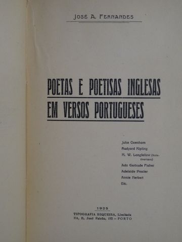 Poetas e Poetisas Inglesas em Versos Portugueses de José A. Fernandes