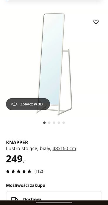 Lustro stojące IKEA KNAPPER 48x160 cm – Białe z wieszakami