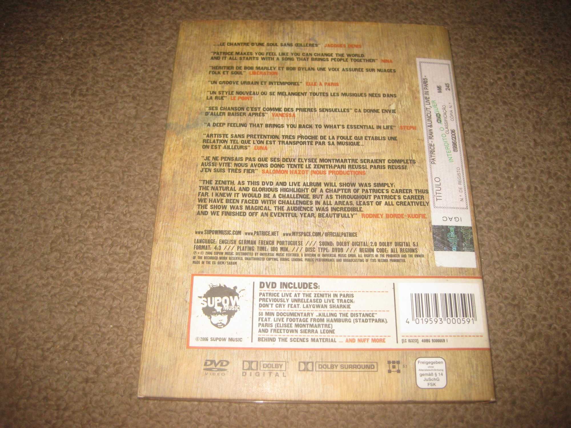 DVD do Patrice "Raw & Uncut - Live In Paris" Edição Especial/Digipack