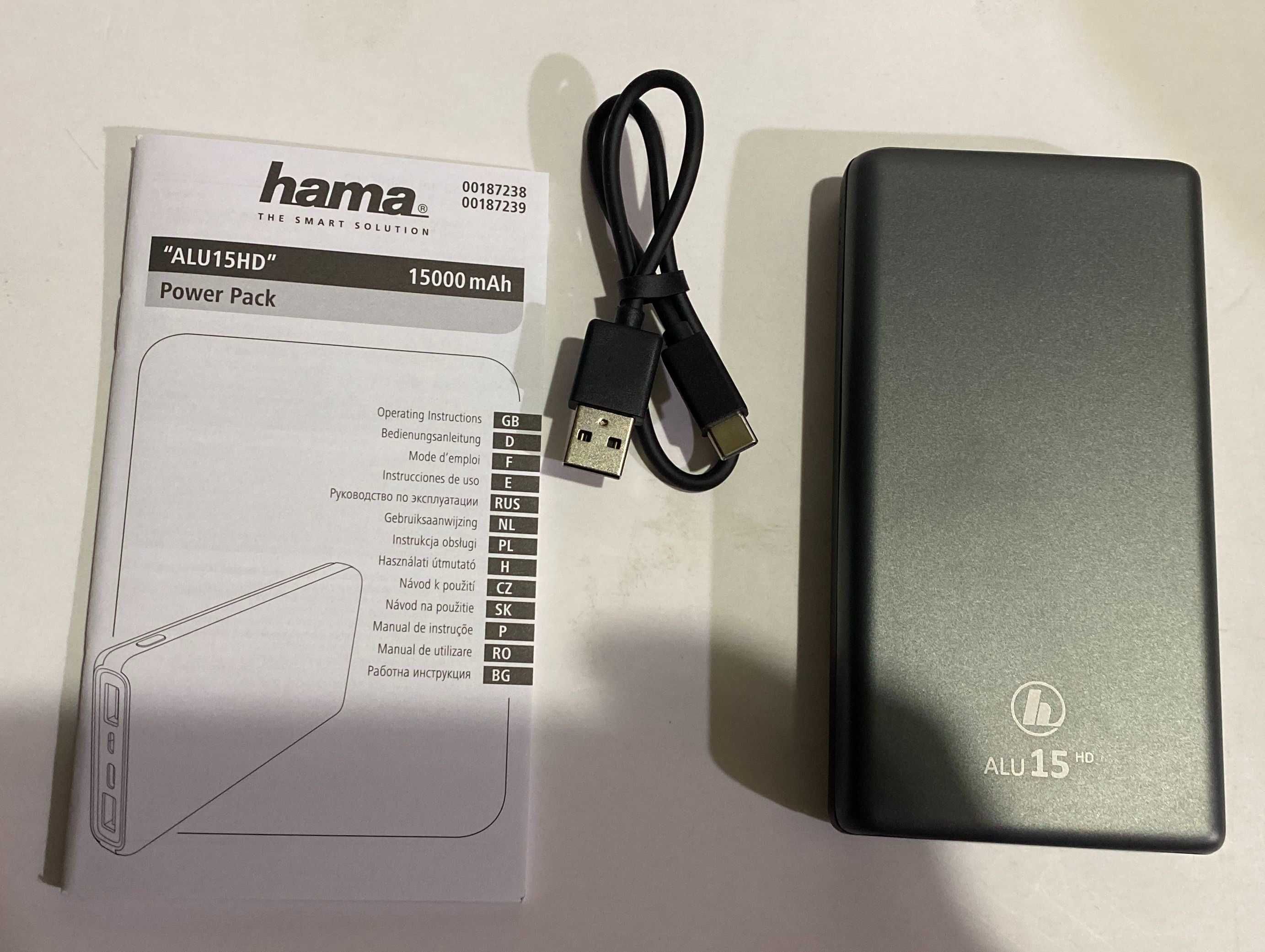 Павербанк Hama ALU15HD. 15000 mAh, 15Вт/3А, USB+ Тype-С, Quick Charge3