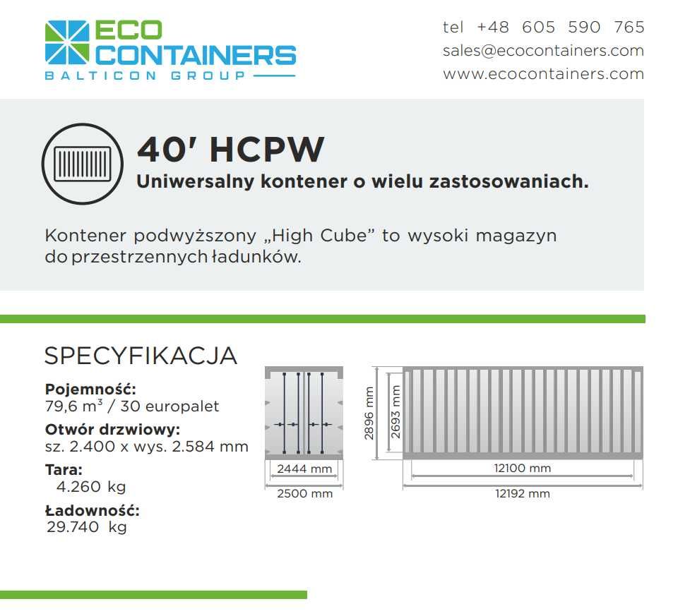 Kontener szeroki wysoki 40 HCPW 30 europalet 76.2m3 PROMOCJA