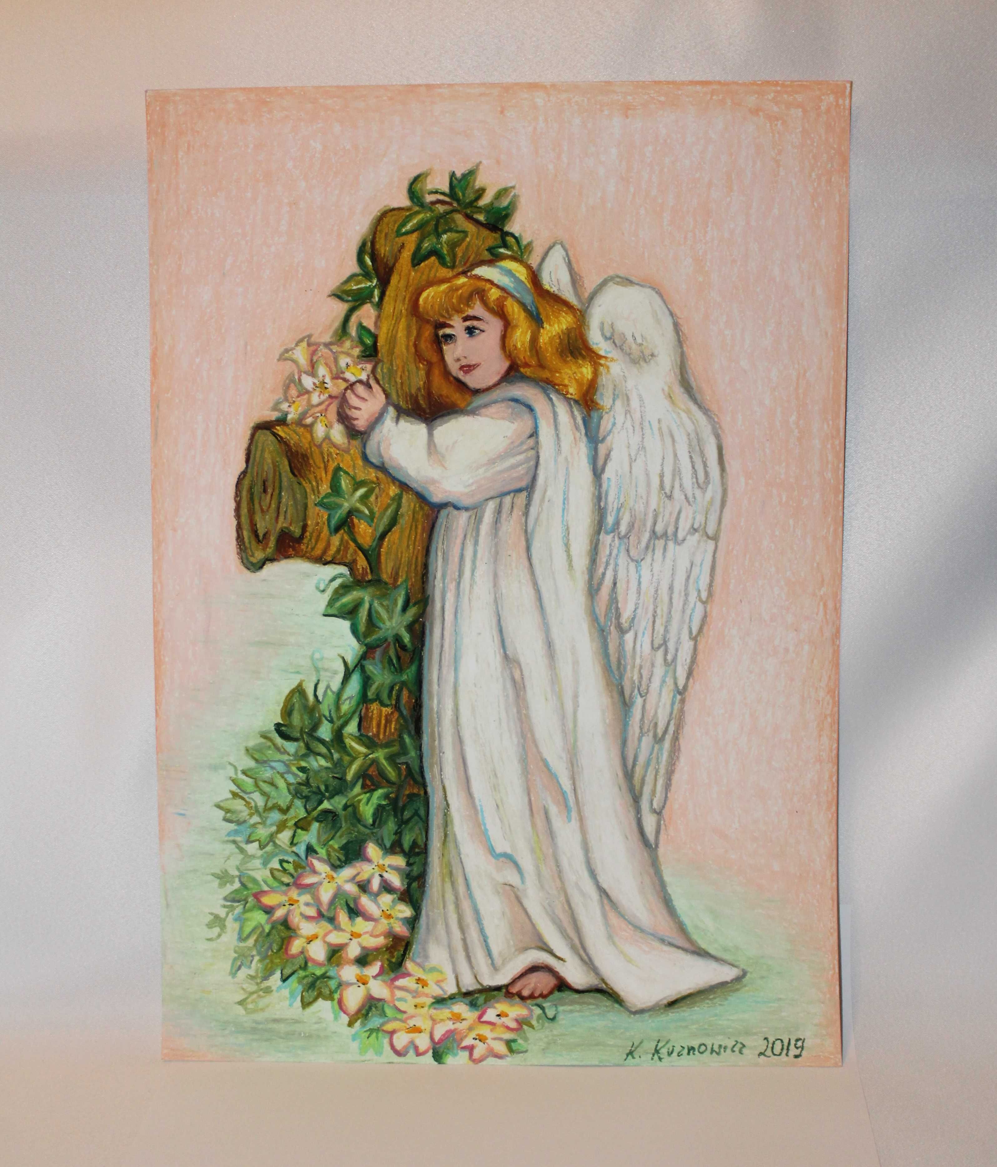 Obraz religijny pastele olejne Anioł stróż i krzyż święty na prezent