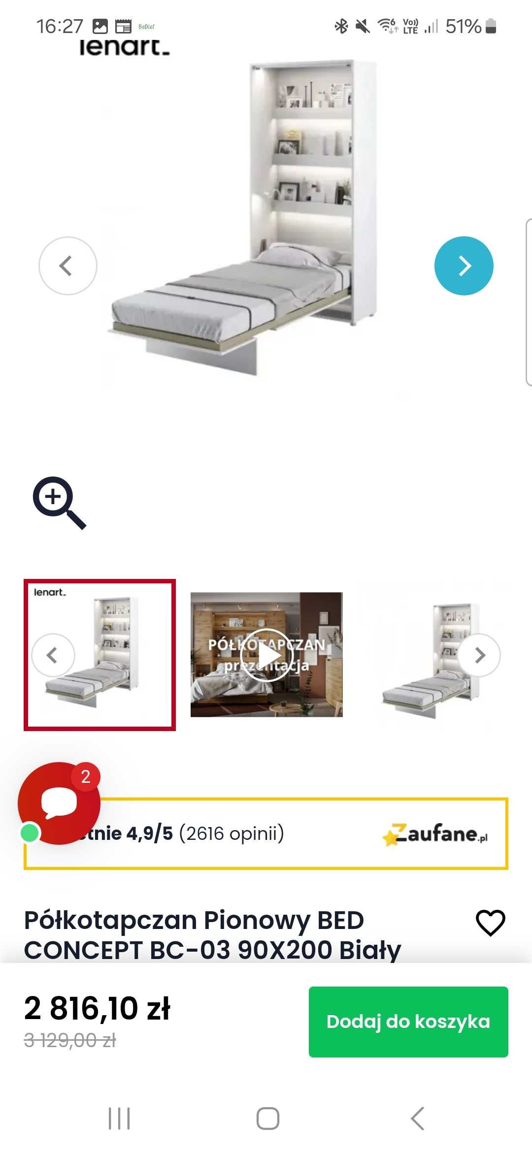 Półkotapczan Bed Concept firmy Lenart - Łóżko składane z materacem.