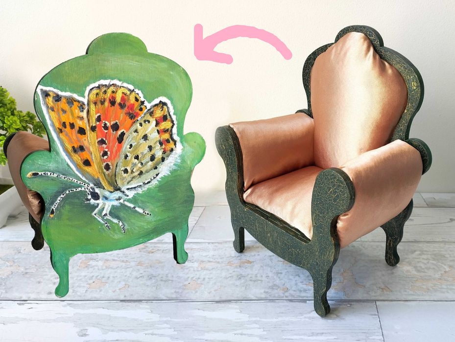 Luksusowy miniaturowy fotel z malunkiem motyla do domku dla lalek