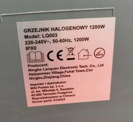 Grzejnik halogenowy elektryczny 1200W
