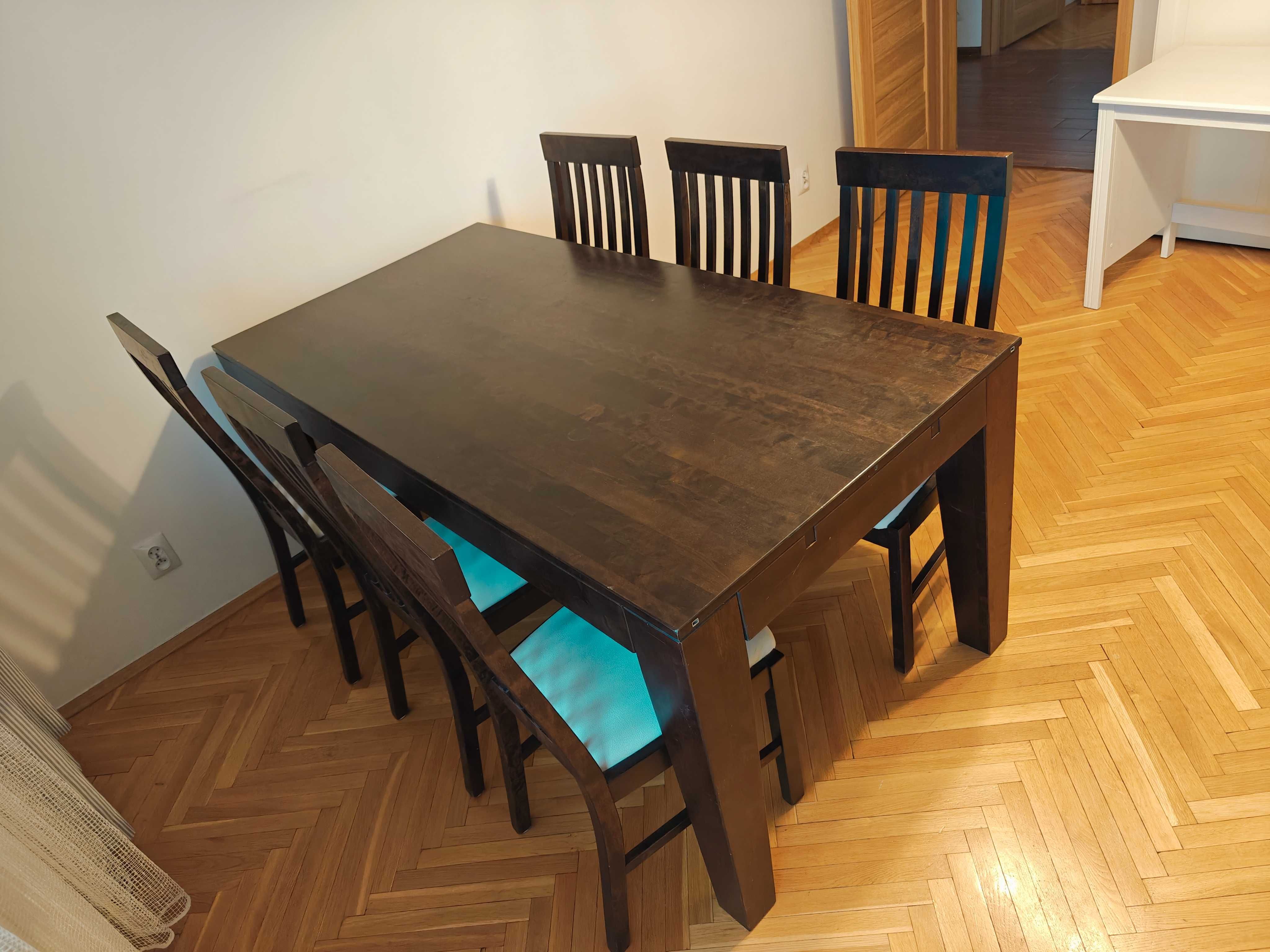 Komplet duży stół + 8 krzeseł + 2 dostawki - lite drewno szlachetne