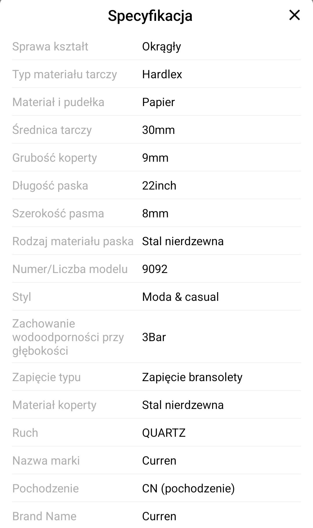 Lluksusowy damski  zegarek kwarcowy marki Curren  wodoodoorny
