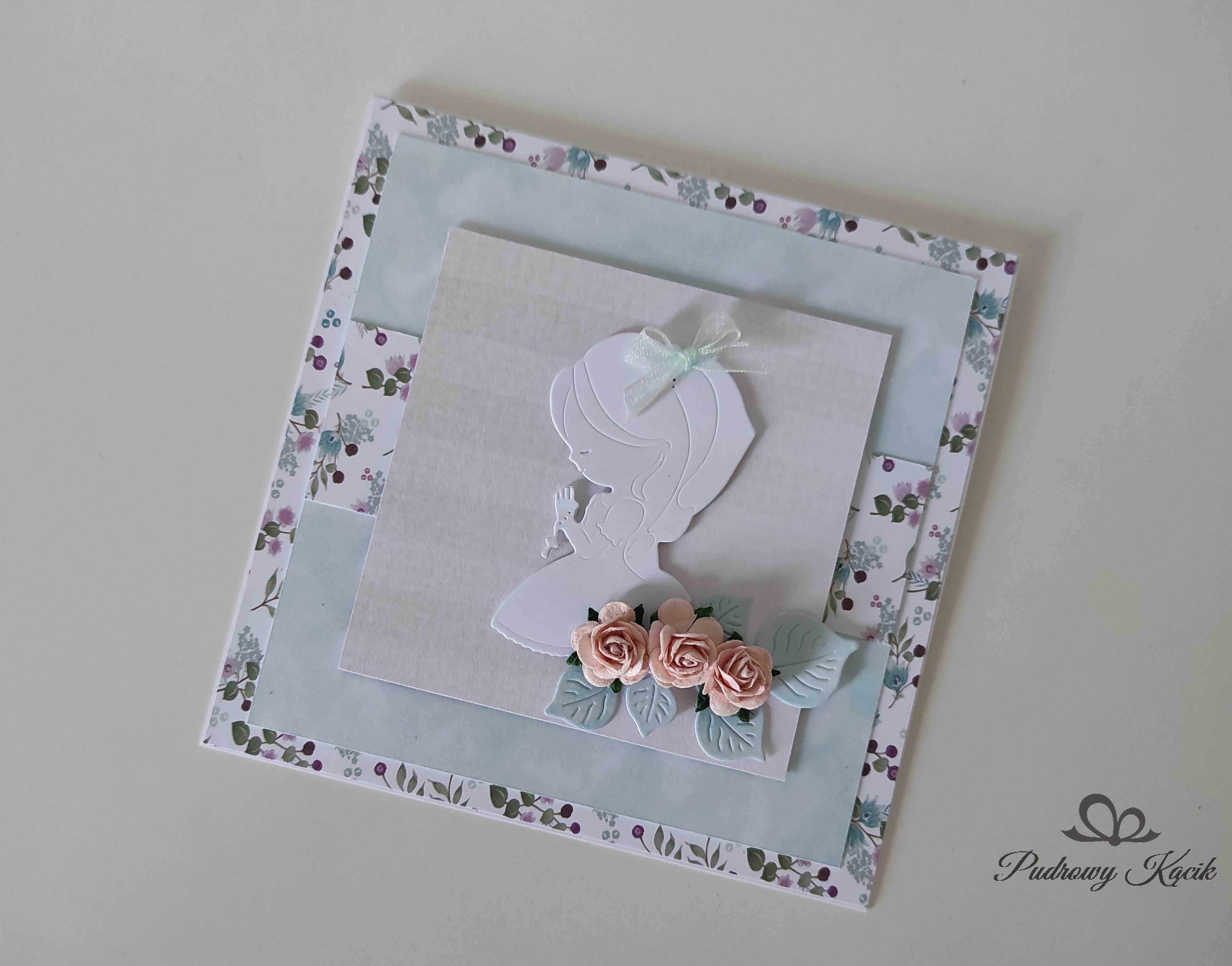 Kartka ręcznie robiona Komunia Święta scrapbooking miętowa