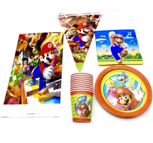 Duży Zestaw Urodzinowy Stołowy Super Mario Bros 82 sztuki.