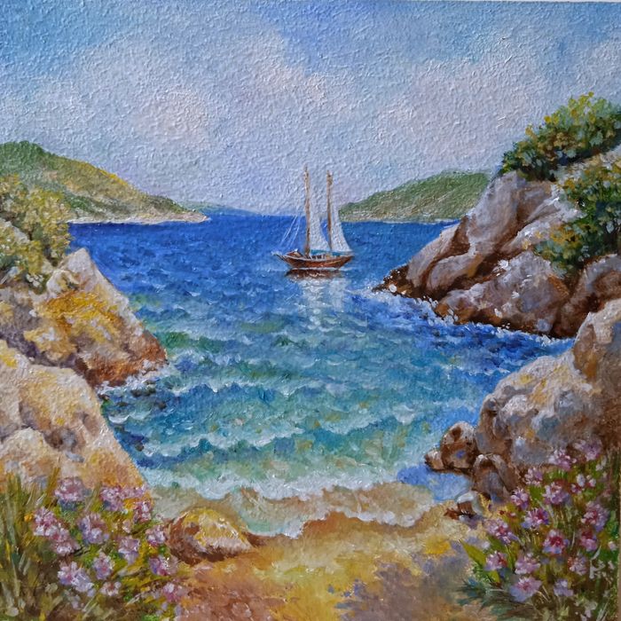 Миниатюра/картина маслом "Парусник в бухте"
