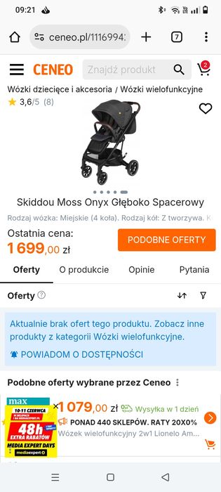 Wózek 2w1 Skiddoü Moss Onyx Głęboko Spacerowy