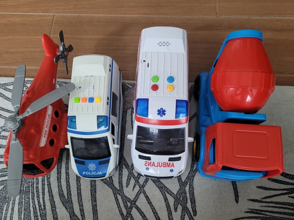 Zestaw pojazdów 4sztuki, policja, ambulans, betoniarka, helikopter