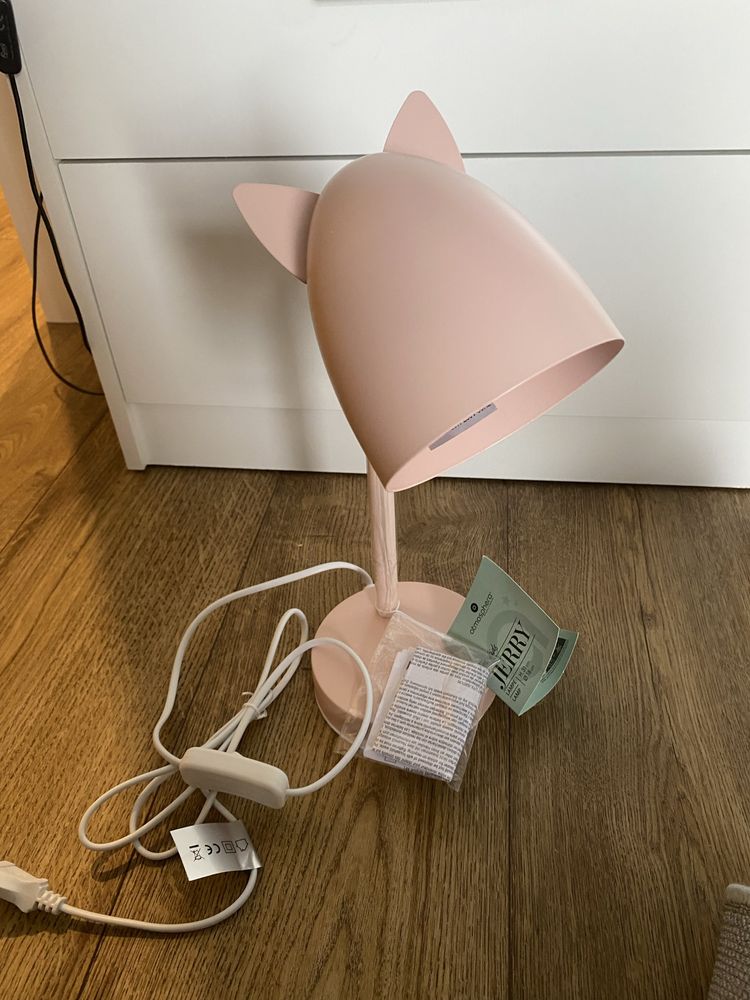 Lampa lampka dziecieca biurkowa rozowa metal kotek nowa