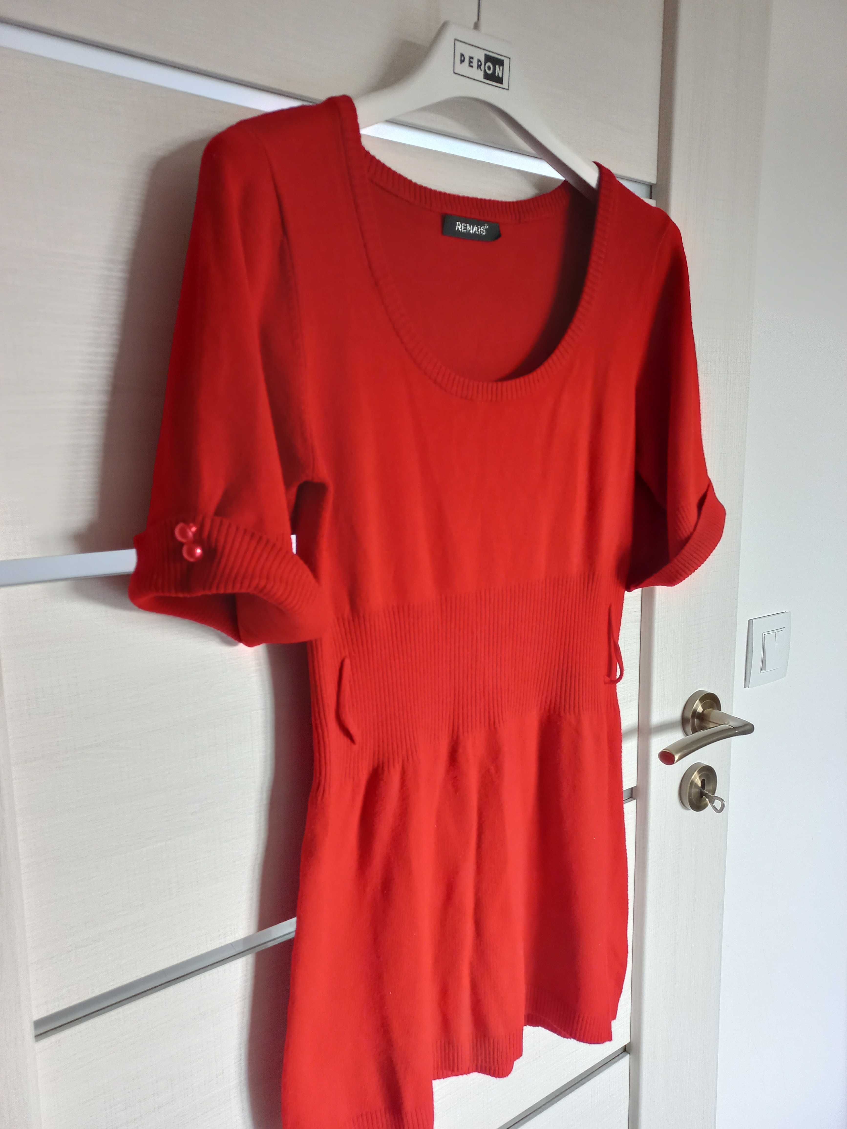 Sweterek S/M czerwony z krótkim rękawem tunika sukienka
