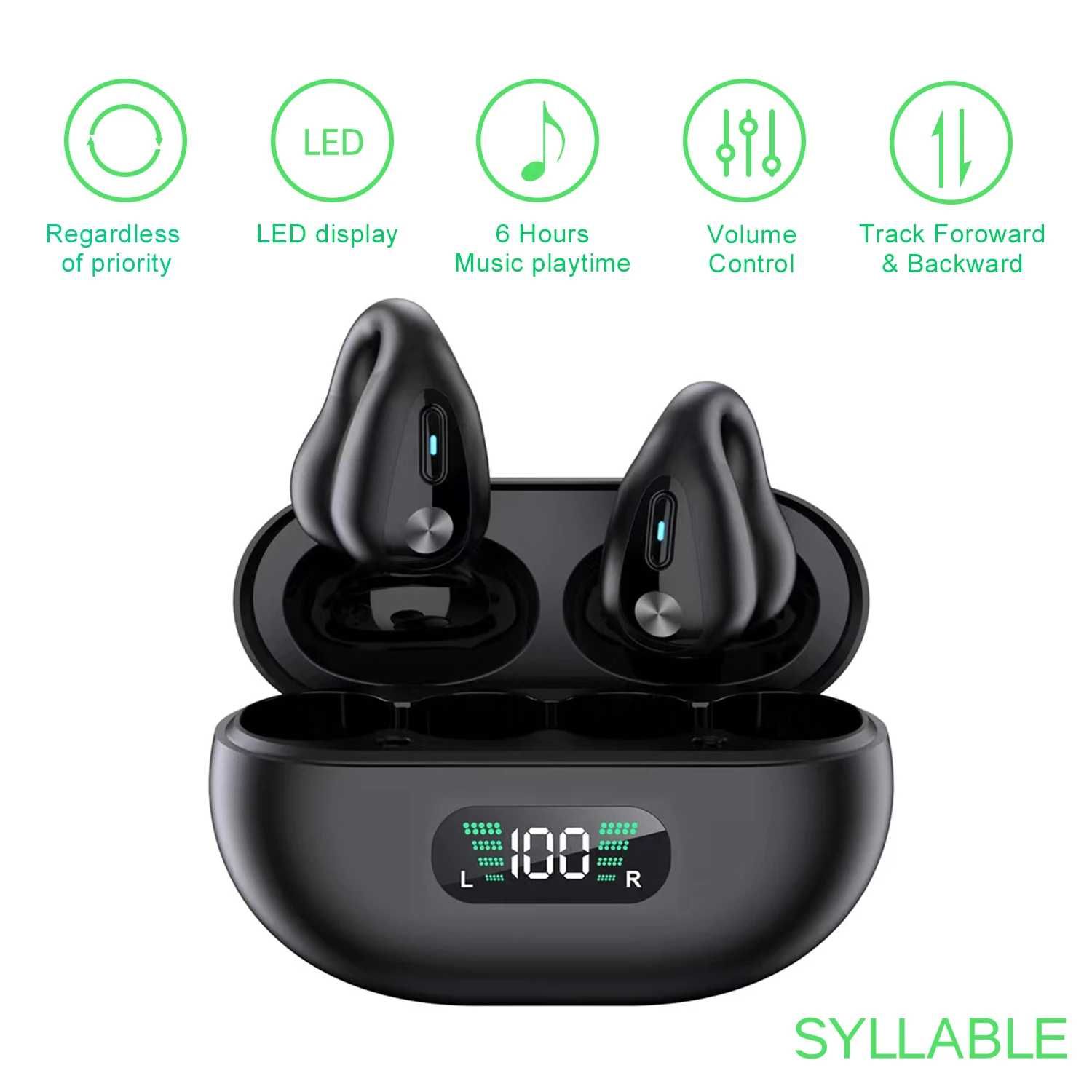 Słuchawki bezprzewodowe na klips Bluetooth 5.3 LED Sportowe